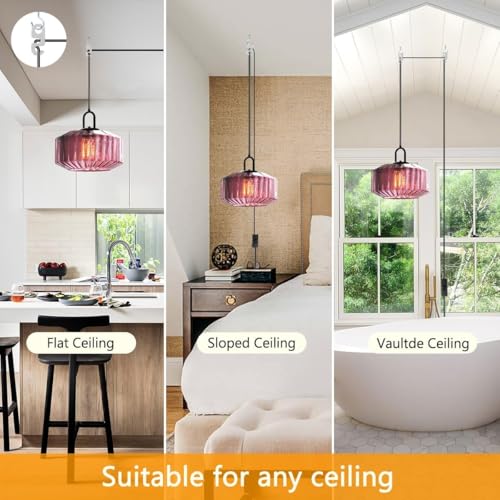 Qufute Plug in Hanging Light Glass Globe Pendant Light Plug in Mid Century Modern Pendant Light Fixture with 14.7 ft Cord Purple Striped Glass Shade for Living Dining Room Farmhouse Kitchen - Image 4