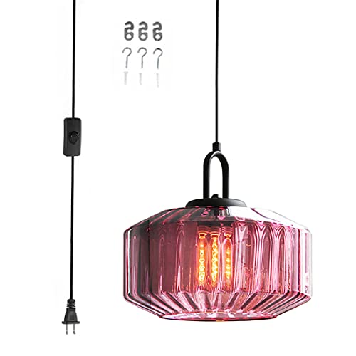 Qufute Plug in Hanging Light Glass Globe Pendant Light Plug in Mid Century Modern Pendant Light Fixture with 14.7 ft Cord Purple Striped Glass Shade for Living Dining Room Farmhouse Kitchen - Image 1