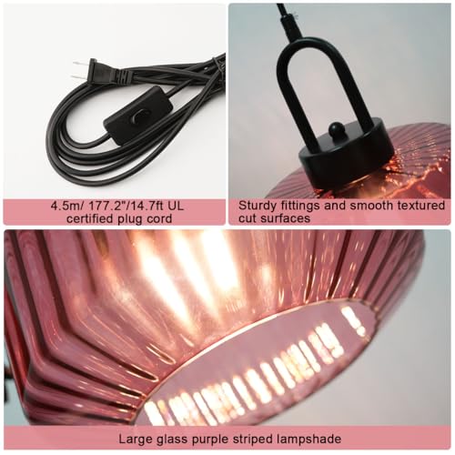 Qufute Plug in Hanging Light Glass Globe Pendant Light Plug in Mid Century Modern Pendant Light Fixture with 14.7 ft Cord Purple Striped Glass Shade for Living Dining Room Farmhouse Kitchen - Image 3