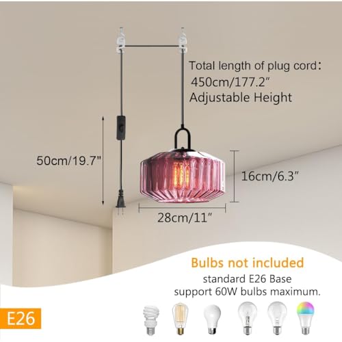 Qufute Plug in Hanging Light Glass Globe Pendant Light Plug in Mid Century Modern Pendant Light Fixture with 14.7 ft Cord Purple Striped Glass Shade for Living Dining Room Farmhouse Kitchen - Image 2