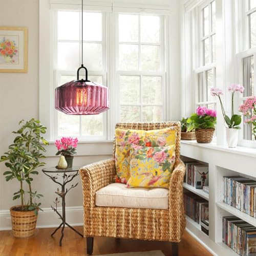 Qufute Plug in Hanging Light Glass Globe Pendant Light Plug in Mid Century Modern Pendant Light Fixture with 14.7 ft Cord Purple Striped Glass Shade for Living Dining Room Farmhouse Kitchen - Image 5