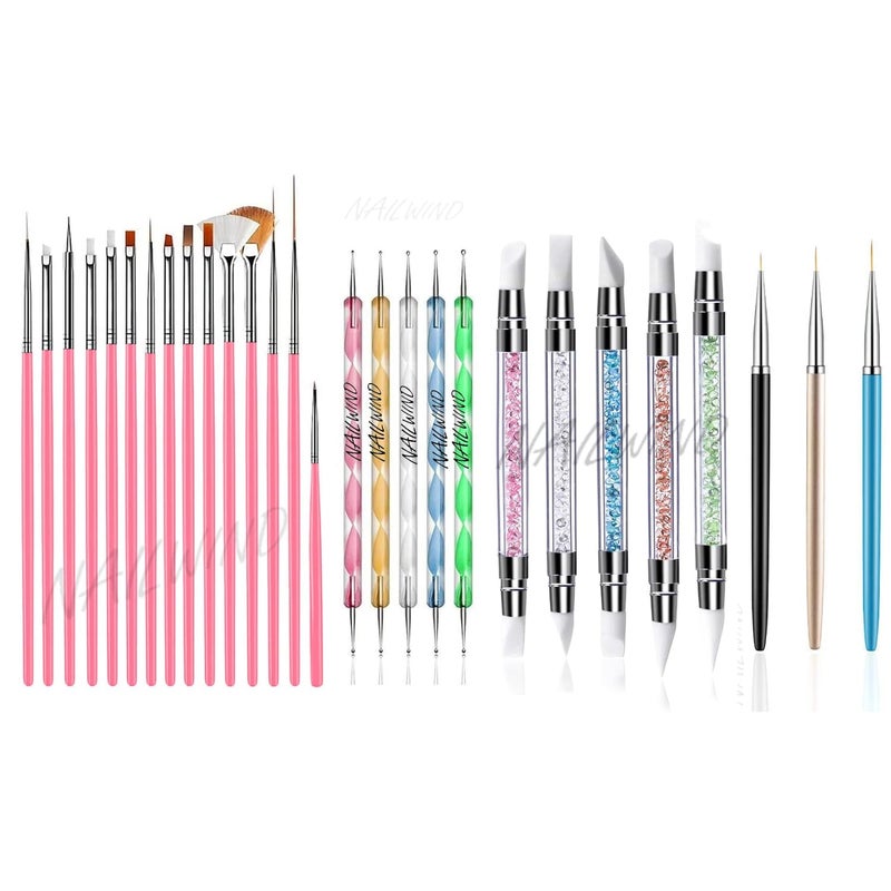 NAILWIND 28 pcs Nail Art Brush kit,15 pcs Nail Art Brushes Kit with 5 pcs Nail Dotting Pens, 3Pcs Nail Art Liner Brush, 5 Pcs Silicone Nail Art Sculpture Pen, Dual Tipped Silicone Rhinestone Nail Polish Carving Pen, Multicolored - Image 1
