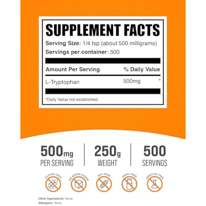 BulkSupplements.com L-Tryptophan Powder - Tryptophan Supplement, Amino Acid Supplement - Gluten Free, 500mg per Serving, 250g (8.8 oz) (Pack of 1) - Image 2