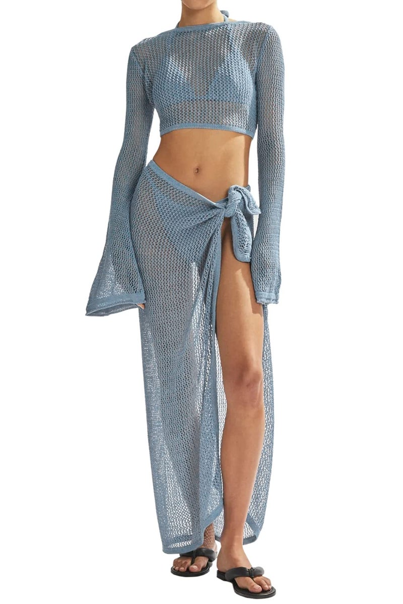 LANNEW Women's Swimsuits Cover Ups Set for Crochet Bathing Suit Hollow Out 2 Piece Bikini Coverup Beach Swimwear Blue - Image 5