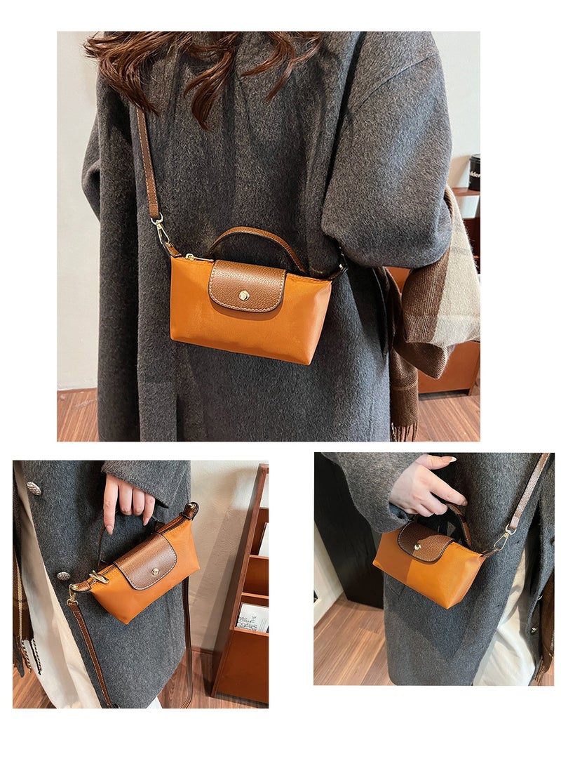 CIMIA Mini Nylon Crossbody Handbag,Orange with Brown PU Trim, Top Handle  - Image 2