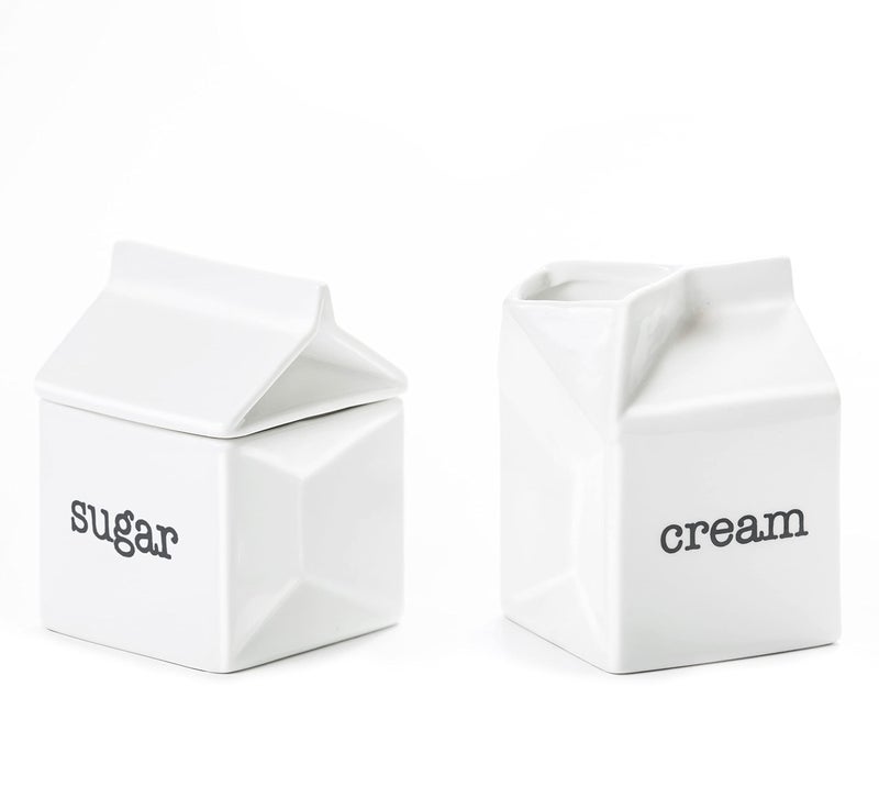 Ceramic Sugar and Creamer Set Milk Carton Shaped White Cream Jug and Sugar Bowl with lid