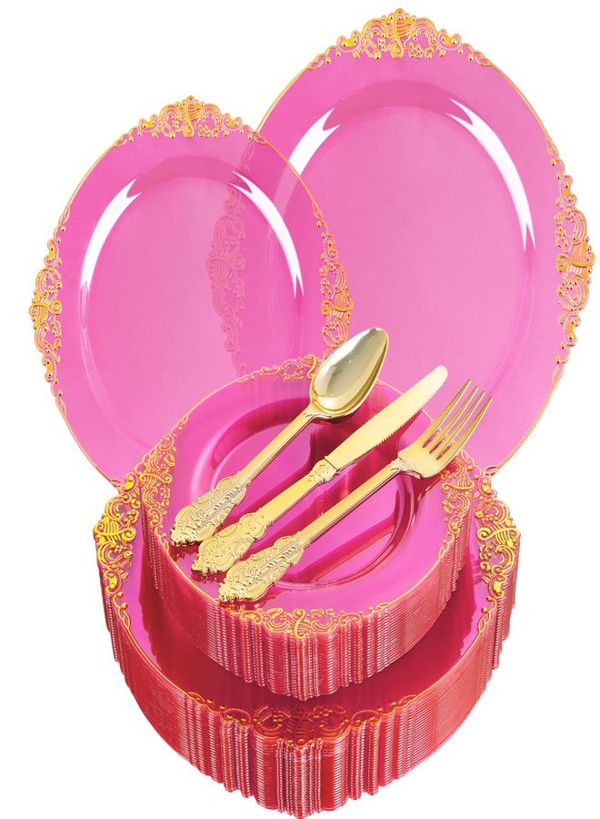 Joyido 125PCS Hot Pink Plastic Plates - Pink Gold Disposable Plates - Hot Pink Party Plate with Gold Plastic Silverware Set for 25 Guests for Wedding Party Birthday - Image 1