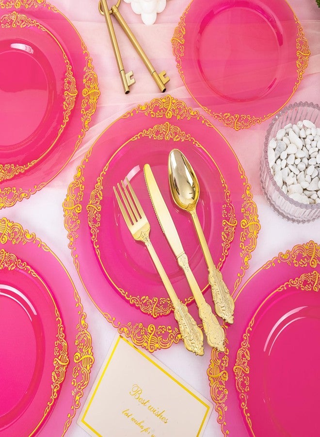 Joyido 125PCS Hot Pink Plastic Plates - Pink Gold Disposable Plates - Hot Pink Party Plate with Gold Plastic Silverware Set for 25 Guests for Wedding Party Birthday - Image 3