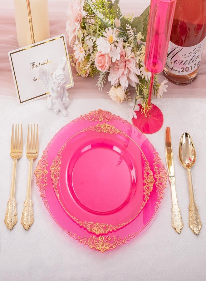 Joyido 125PCS Hot Pink Plastic Plates - Pink Gold Disposable Plates - Hot Pink Party Plate with Gold Plastic Silverware Set for 25 Guests for Wedding Party Birthday - Image 2