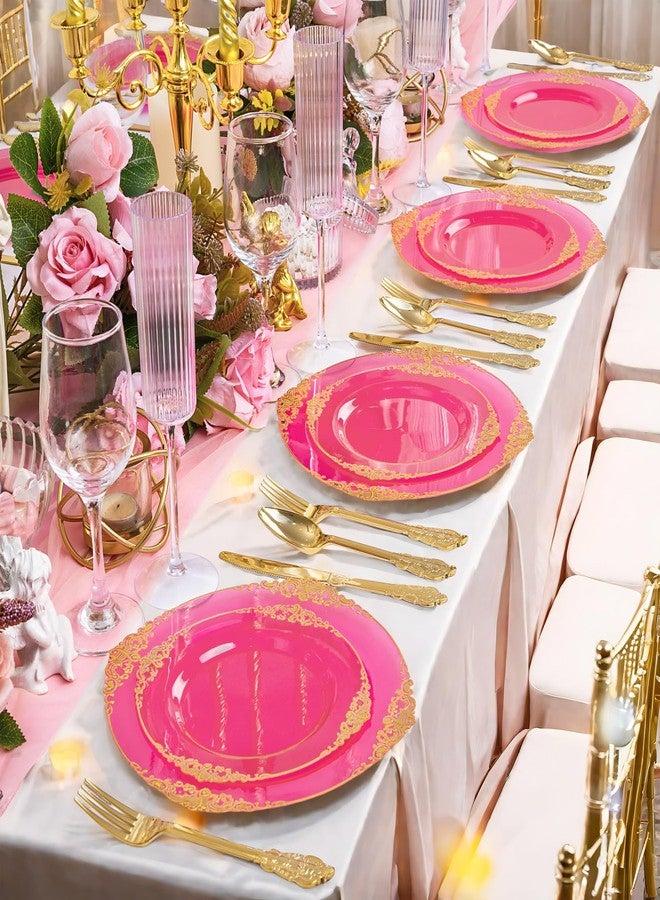 Joyido 125PCS Hot Pink Plastic Plates - Pink Gold Disposable Plates - Hot Pink Party Plate with Gold Plastic Silverware Set for 25 Guests for Wedding Party Birthday - Image 5