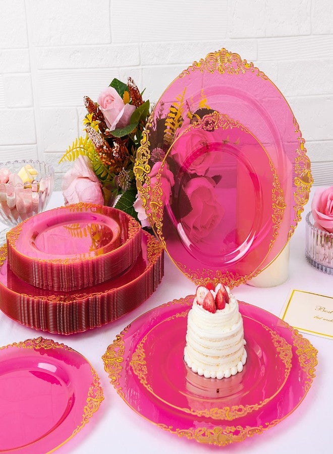 Joyido 125PCS Hot Pink Plastic Plates - Pink Gold Disposable Plates - Hot Pink Party Plate with Gold Plastic Silverware Set for 25 Guests for Wedding Party Birthday - Image 4