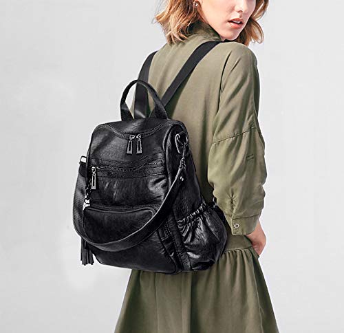 UTO Women Backpack Purse Leather Vegan Ladies Fashion Designer Rucksack Convertible Travel Shoulder Bag with Tassel Black - Image 2