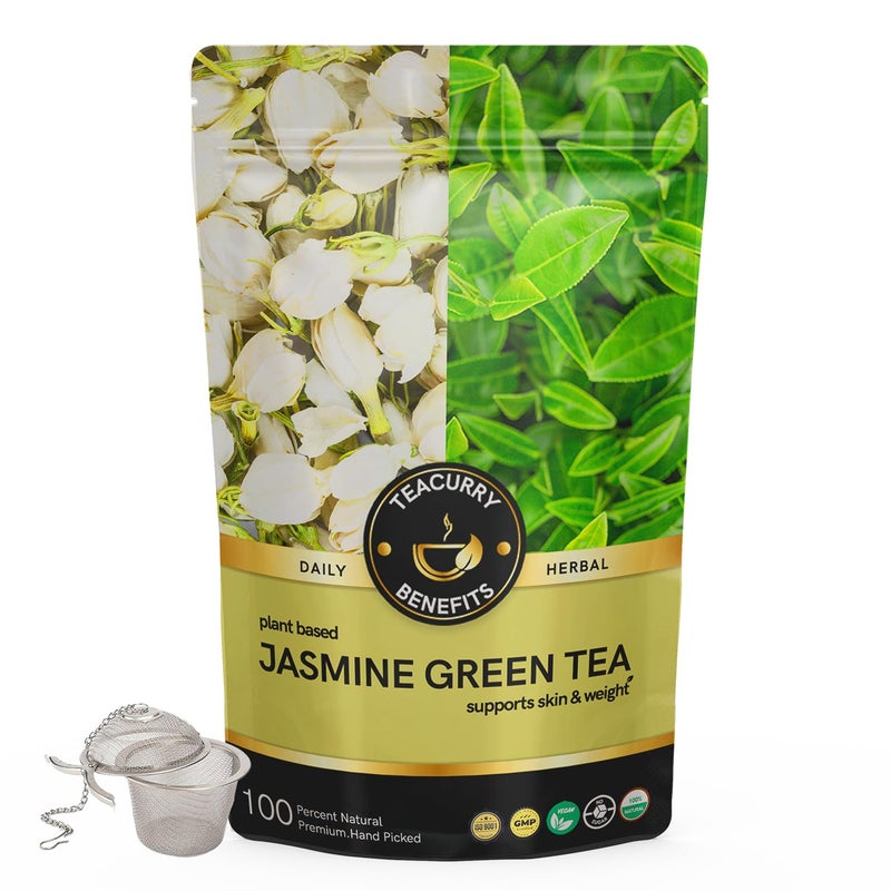 TEACURRY Jasmine Green Tea - 50 Gms Loose Tea + Infuser | Green Tea for Weight Loss | 100% Natural Jasmine Tea Flowers | Jasmine Tea Infusion with Green Tea - Image 1