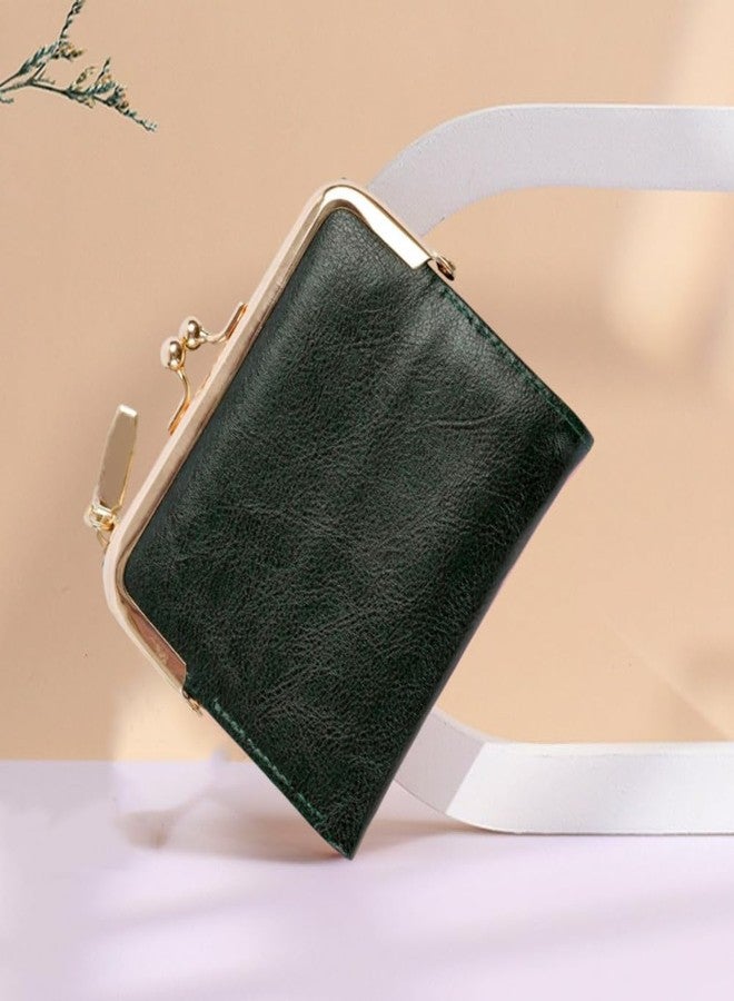 CALFOVERA 4.96 x 4.37 Inch Small Women Kiss Lock Wallet with Zipper RFID Vintage Blocking Bifold Ladies Compact Wallet Rectangle PU Leather Coin Purse for Women Travel Money Organizer (See Green) - Image 3