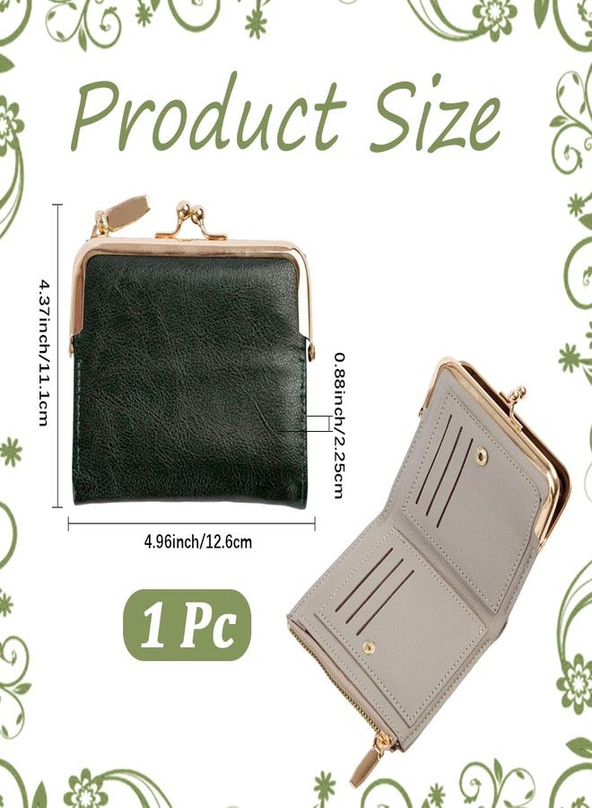 CALFOVERA 4.96 x 4.37 Inch Small Women Kiss Lock Wallet with Zipper RFID Vintage Blocking Bifold Ladies Compact Wallet Rectangle PU Leather Coin Purse for Women Travel Money Organizer (See Green) - Image 2