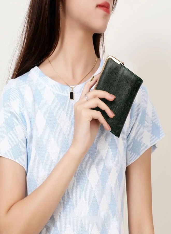 CALFOVERA 4.96 x 4.37 Inch Small Women Kiss Lock Wallet with Zipper RFID Vintage Blocking Bifold Ladies Compact Wallet Rectangle PU Leather Coin Purse for Women Travel Money Organizer (See Green) - Image 4