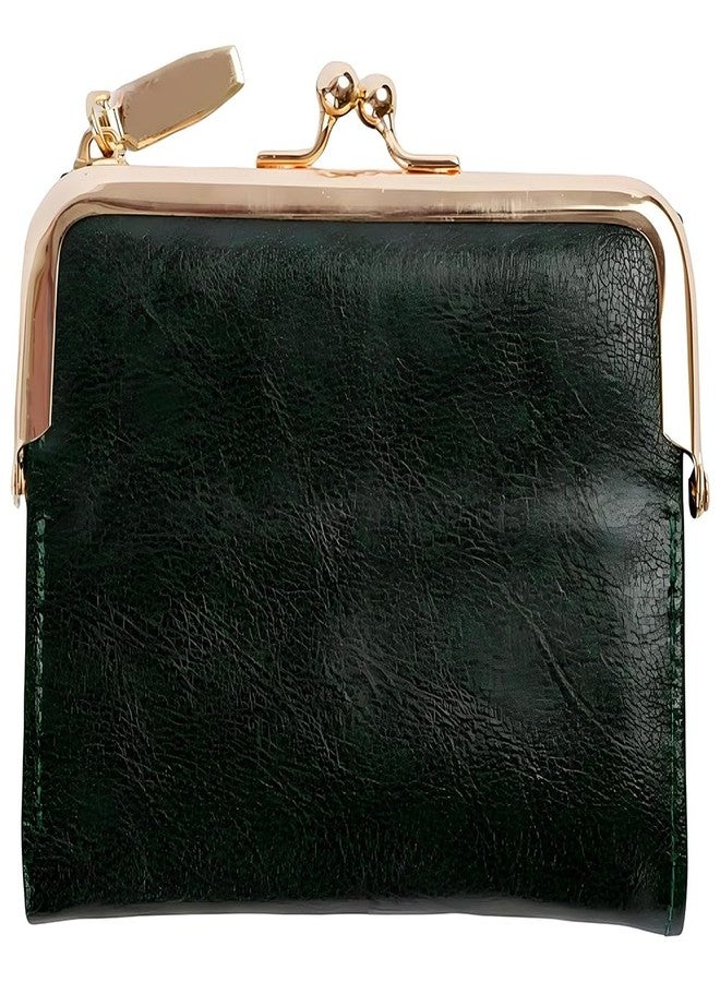 CALFOVERA 4.96 x 4.37 Inch Small Women Kiss Lock Wallet with Zipper RFID Vintage Blocking Bifold Ladies Compact Wallet Rectangle PU Leather Coin Purse for Women Travel Money Organizer (See Green) - Image 1