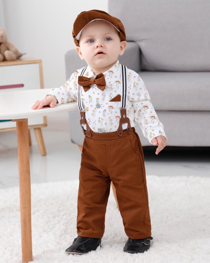 WESIDOM Baby Boy Clothes Suit 0-24M Newborn Infant Gentleman Formal Outfit, Dress Shirt+Bowtie+Beret+Suspender Pant Set - Image 2
