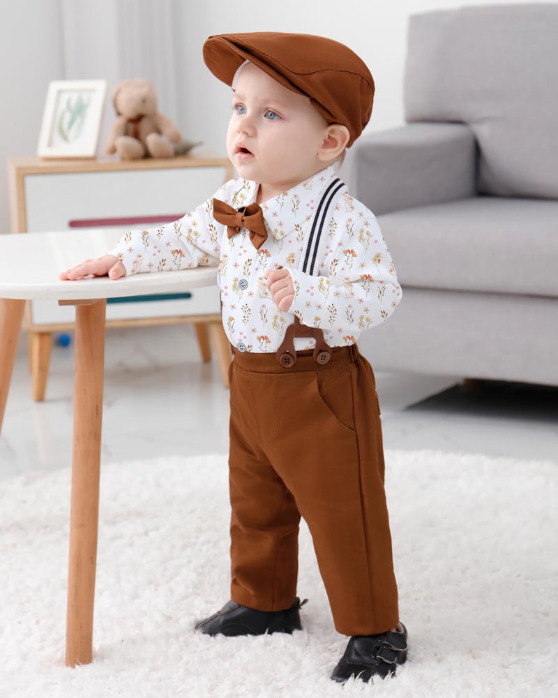 WESIDOM Baby Boy Clothes Suit 0-24M Newborn Infant Gentleman Formal Outfit, Dress Shirt+Bowtie+Beret+Suspender Pant Set - Image 3