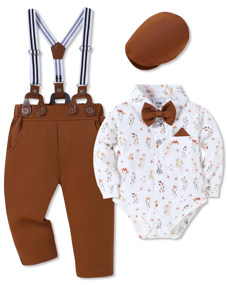 WESIDOM Baby Boy Clothes Suit 0-24M Newborn Infant Gentleman Formal Outfit, Dress Shirt+Bowtie+Beret+Suspender Pant Set - Image 1