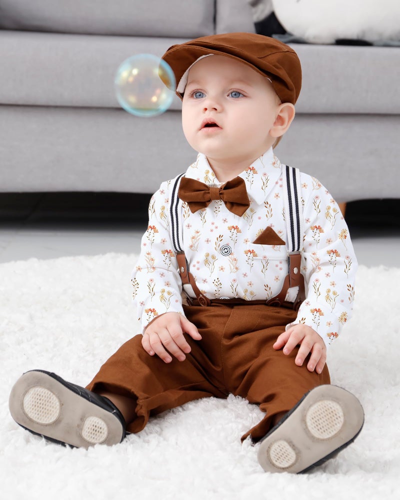 WESIDOM Baby Boy Clothes Suit 0-24M Newborn Infant Gentleman Formal Outfit, Dress Shirt+Bowtie+Beret+Suspender Pant Set - Image 4