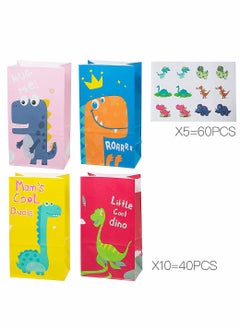 Excefore 40pcs Dinosaur Pattern Party Bag Gifts and Treats Paper Bags with 60 Pieces Stickers  - Image 2