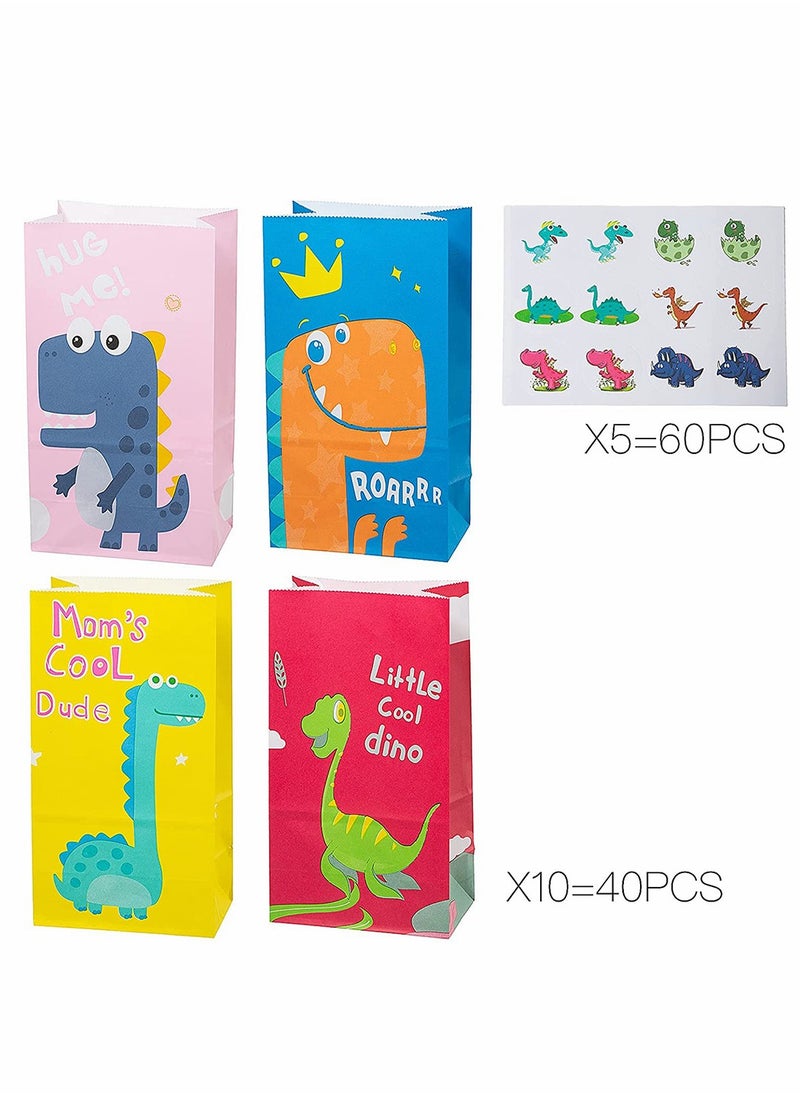 Excefore 40pcs Dinosaur Pattern Party Bag Gifts and Treats Paper Bags with 60 Pieces Stickers  - Image 2
