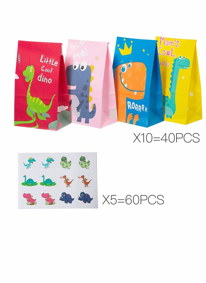 Excefore 40pcs Dinosaur Pattern Party Bag Gifts and Treats Paper Bags with 60 Pieces Stickers  - Image 3