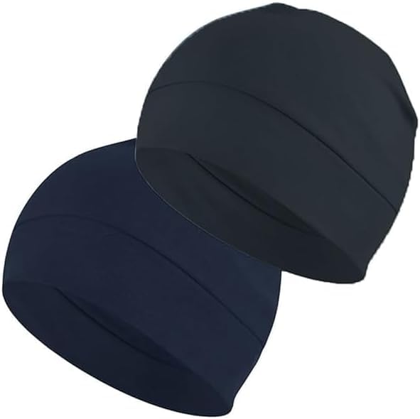 PAROPKAR 100% Cotton Lycra Skull Caps Lightweight Beanie Sleep Hats Breathable Helmet Liner Cap Biking Cycling Cap for Unisex (Black Navy Blue) - Image 1