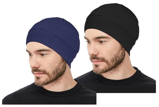 PAROPKAR 100% Cotton Lycra Skull Caps Lightweight Beanie Sleep Hats Breathable Helmet Liner Cap Biking Cycling Cap for Unisex (Black Navy Blue) - Image 2