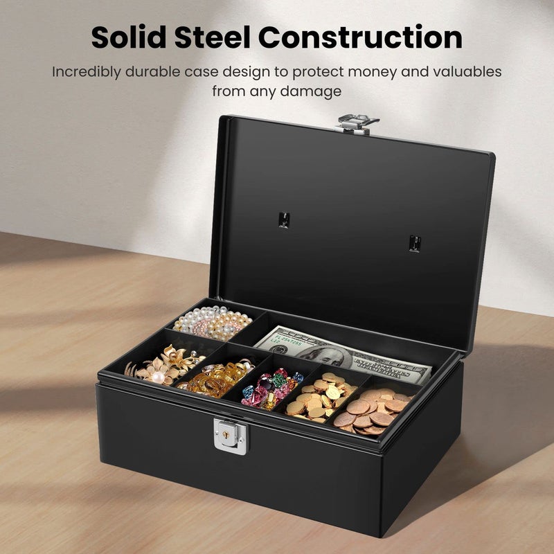 Flexzion Cash Box with Money Tray and Lock - Metal Money Box for Cash Storage with Secure Latch Lock & Key, Black Petty Cash Box with 7 Compartment Money Tray for Small Businesses, 11x7.7x3.5 Inches - Image 4