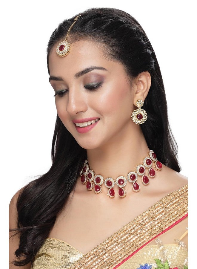 Sukkhi Bewitching Drop Shaped Rani Pink AD Rani Pink Stones & Beads Collar Bone Necklace Set With Earring And Maangtika | Jewellery Set For Women (NS105613) - Image 2