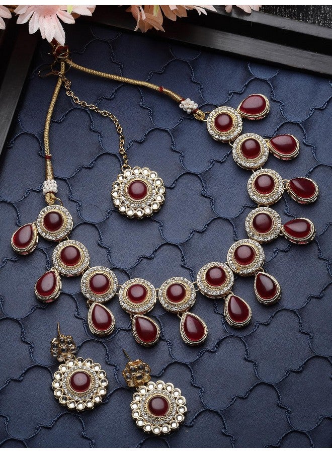 Sukkhi Bewitching Drop Shaped Rani Pink AD Rani Pink Stones & Beads Collar Bone Necklace Set With Earring And Maangtika | Jewellery Set For Women (NS105613) - Image 4