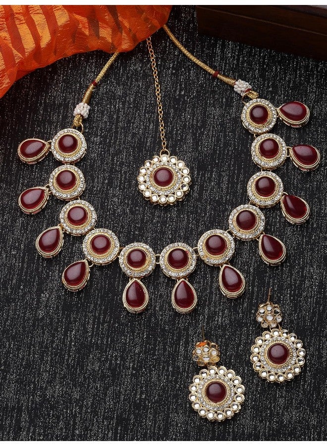 Sukkhi Bewitching Drop Shaped Rani Pink AD Rani Pink Stones & Beads Collar Bone Necklace Set With Earring And Maangtika | Jewellery Set For Women (NS105613) - Image 3