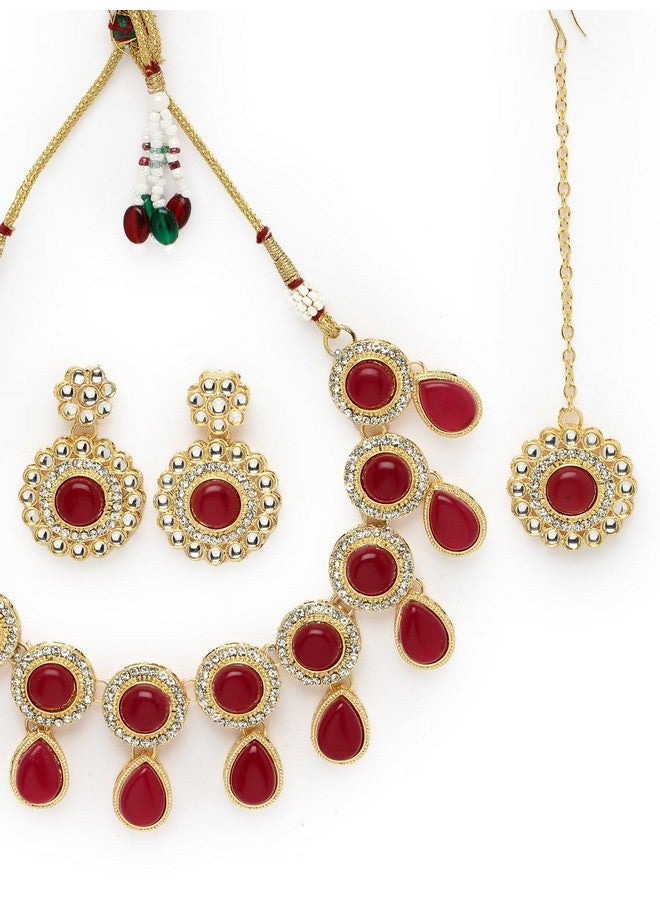 Sukkhi Bewitching Drop Shaped Rani Pink AD Rani Pink Stones & Beads Collar Bone Necklace Set With Earring And Maangtika | Jewellery Set For Women (NS105613) - Image 5