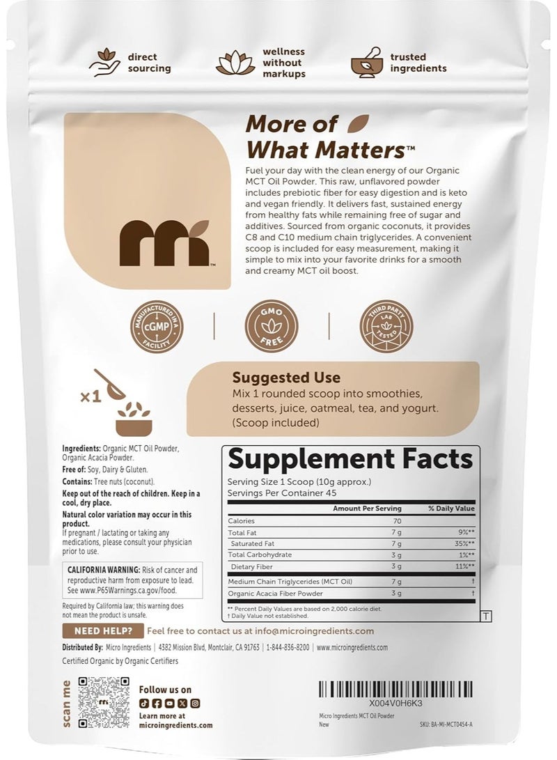 Micro Ingredients Organic MCT Oil Powder with Prebiotic Fiber,1 Pound(16 Ounce), Fast Fuel for Body and Brain, C8 MCT Oil for Coffee Creamer, No GMOs, Keto Diet, Vegan - Image 3