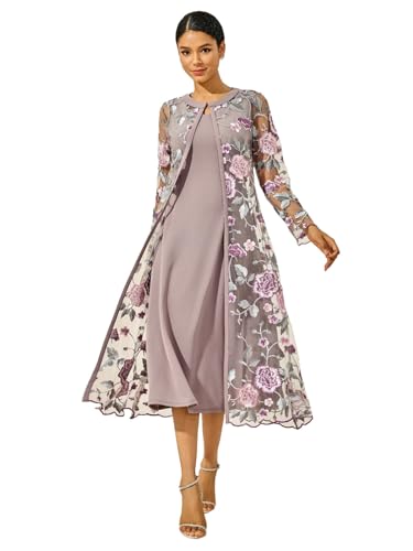 ORAULISA Women's Maxi Dresses 2 Piece Outfit Wedding Guest Cocktail Tea Party Dress Ruffle Lace Floral Casual Formal Evening Dress Gray Pink - Image 1