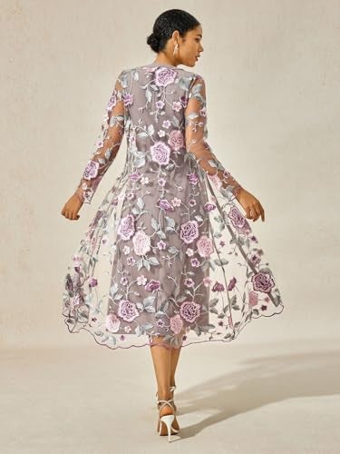 ORAULISA Women's Maxi Dresses 2 Piece Outfit Wedding Guest Cocktail Tea Party Dress Ruffle Lace Floral Casual Formal Evening Dress Gray Pink - Image 3