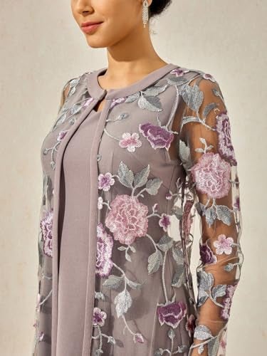 ORAULISA Women's Maxi Dresses 2 Piece Outfit Wedding Guest Cocktail Tea Party Dress Ruffle Lace Floral Casual Formal Evening Dress Gray Pink - Image 4