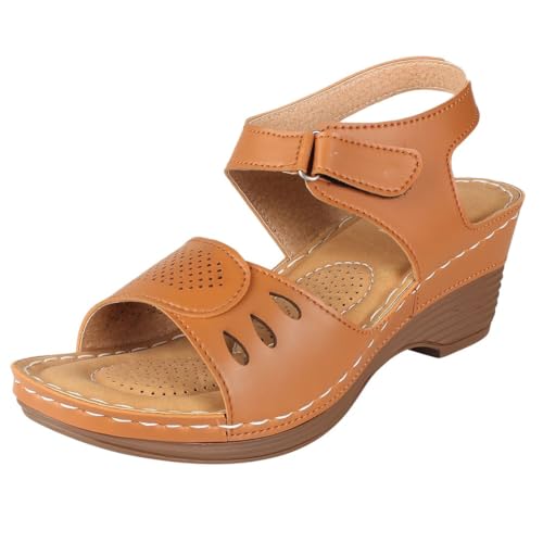 XE Looks Women's Tan Orthopedic Wedge Sandals | Adjustable Straps for Perfect Fit | Cushioned Footbed with Breathable Cut-Out Design | Durable Wedge Heel For Girls & Women - Image 1