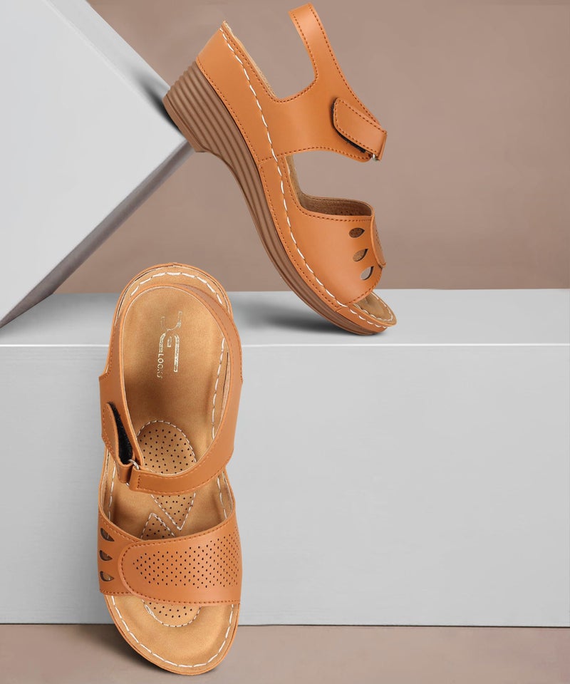 XE Looks Women's Tan Orthopedic Wedge Sandals | Adjustable Straps for Perfect Fit | Cushioned Footbed with Breathable Cut-Out Design | Durable Wedge Heel For Girls & Women - Image 2