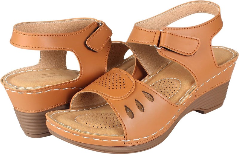 XE Looks Women's Tan Orthopedic Wedge Sandals | Adjustable Straps for Perfect Fit | Cushioned Footbed with Breathable Cut-Out Design | Durable Wedge Heel For Girls & Women - Image 5