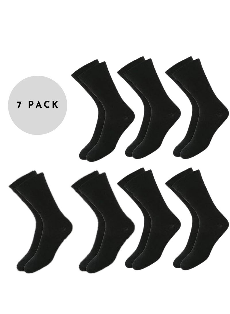 ALLKING Calf Length Socks, Full Length, High Length Pure Cotton Plain Solid Black Color Formal Socks for Men and Boys - Pack of 7 Pairs, Free Size - Image 1