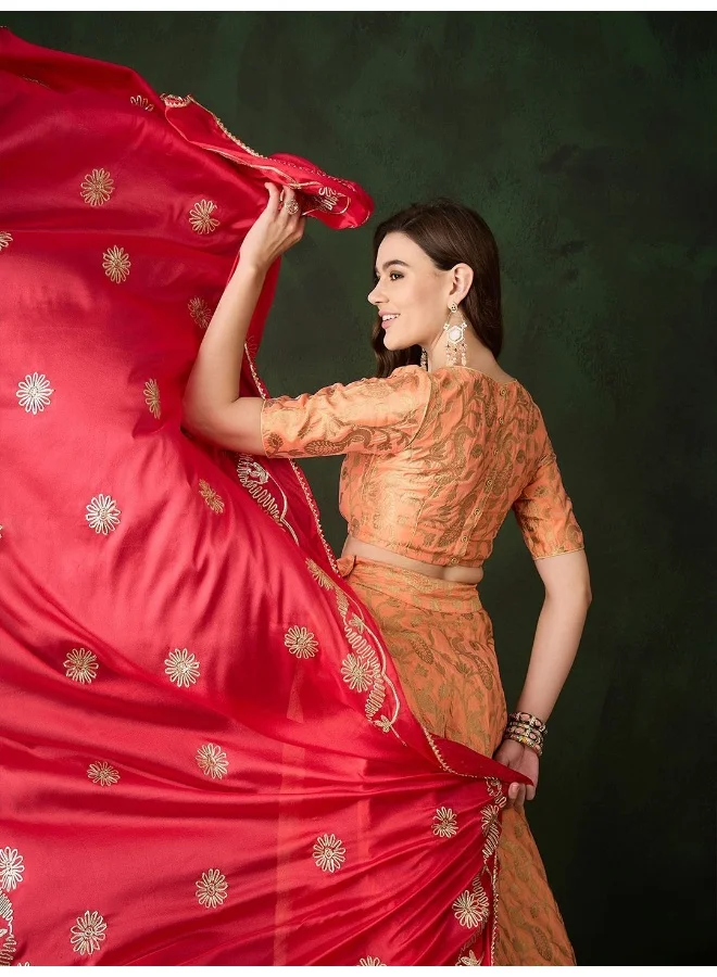 AKS Peach lehenga Banarasi lehenga Choli with Crimson red Dupatta