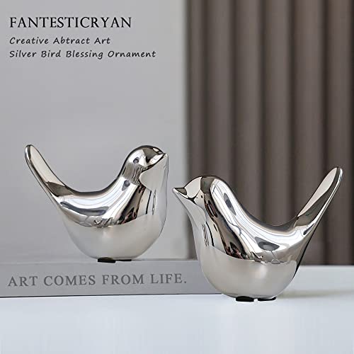 FANTESTICRYAN Small Birds Statues Gold Home Decor Modern Style Figurine Decorative Ornaments for Living Room, Bedroom, Office Desktop, Cabinets (M&L, Silver) - Image 2