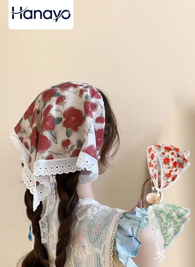 Hanayo 2 قطع من وشاح الشعر إكسسوارات شعر مزهرة وشاح رأس مثلث جميل للفتيات والنساء (أخضر + أحمر) - Image 1