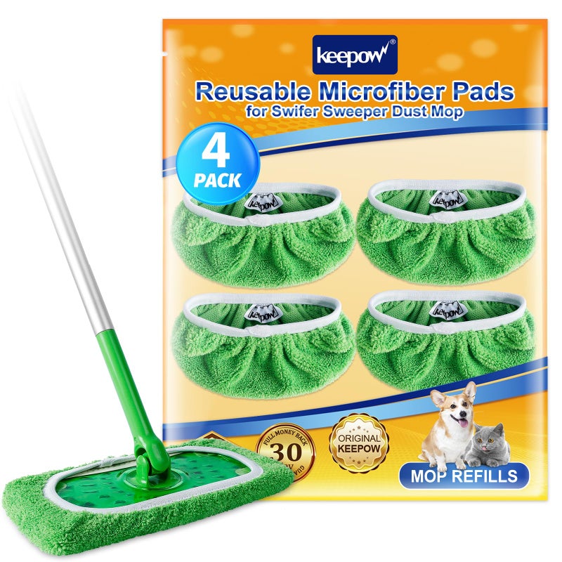 KEEPOW Reusable Wet Pads Refills Compatible with Swiffer Sweeper Mop Dry Sweeping Cloths Microfiber Wet Mopping Cloths for Hardwood Floor Cleaning 4 Pack Mop is Not Included