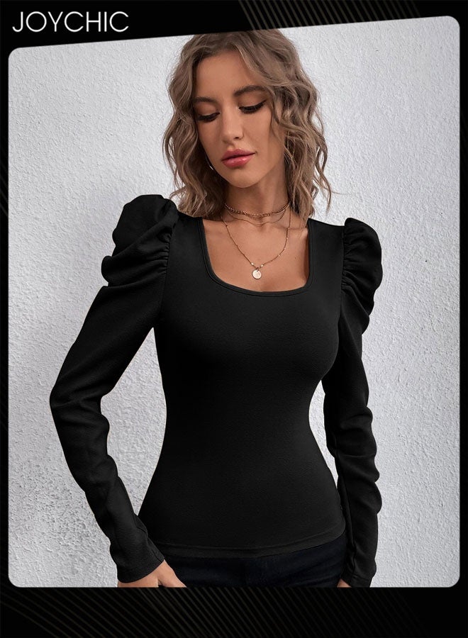 Joychic Women Fashionable Square Neck Puff Long Sleeve Ruched Slim Fit Blouse Top Ladies Comfort and Versatile Top - Image 2