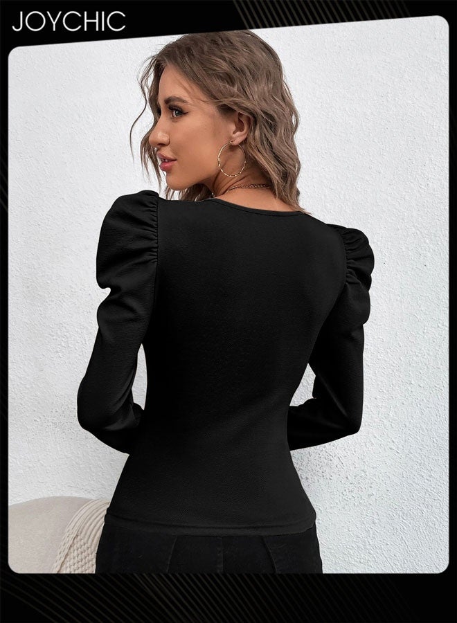 Joychic Women Fashionable Square Neck Puff Long Sleeve Ruched Slim Fit Blouse Top Ladies Comfort and Versatile Top - Image 3