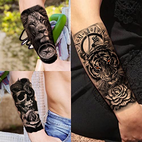 COKTAK 68 Sheets Large Half Arm Sleeve Temporary Tattoos For Men Women Forearm, Tribal Wolf Tiger Lion Owl Skull Temp Halloween Fake Tattoo Stickers Adults, Black Realistic Tattoo Flower Rose Animals - Image 3